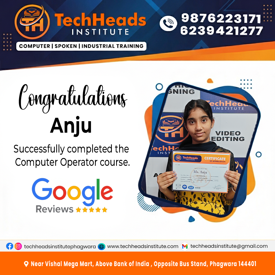 Anju student of Basic Computer Course at TechHeads Computer Institute Phagwara Punjab learning MS Office, Internet and computer fundamentals
