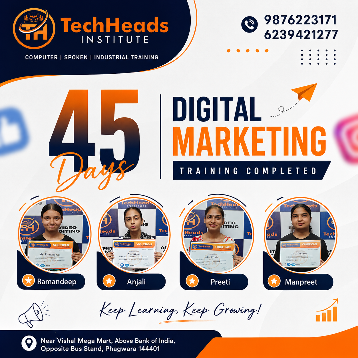 TechHeads Institute students Ramandeep, Anjali, Preeti and Manpreet holding certificates after completing 45 days digital marketing training in Phagwara